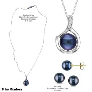 Iridescent Pearl Necklace and Earrings Set Sterling Silver Diamonds 14k Gold